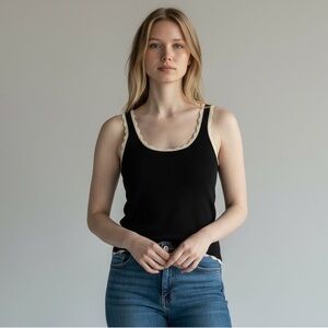 LOFT Women's Black Knit Tank with Scalloped Embroidered trim business causal